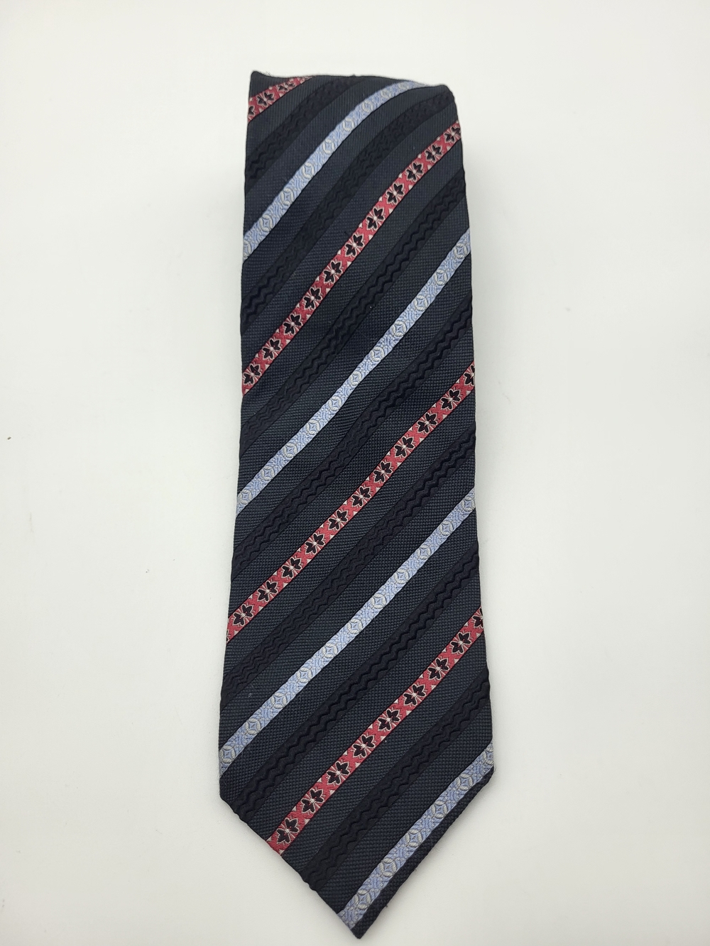 Klauss Boehler Men's Black Silk Striped Tie with Red and Light Blue Accents